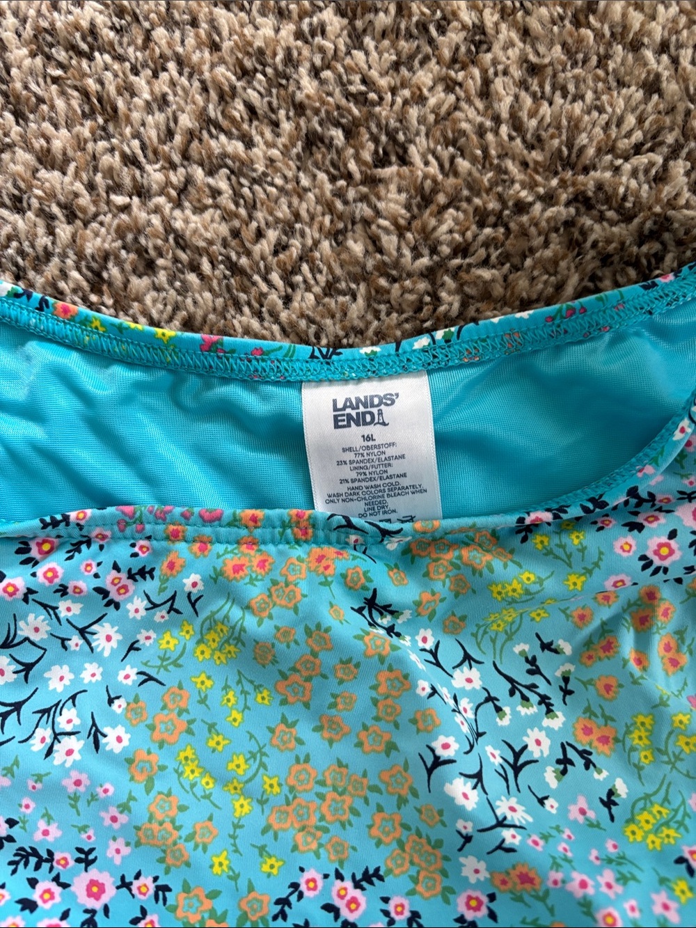 Lands' End Aqua Floral Bikini Top with Fully Padded Large Cups. No Underwire.